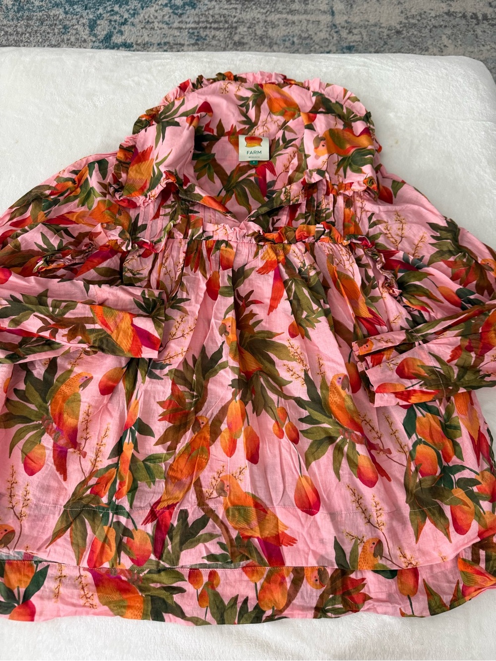 Farm Rio Pink Print with Ruffle Detail Blouse Oversized Small D91